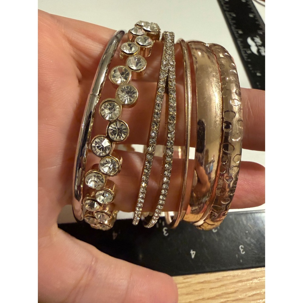 Mixed Metal Rhinestone Bangle Bracelet Set Rose Gold Silver Tone 6 Piece Stack
